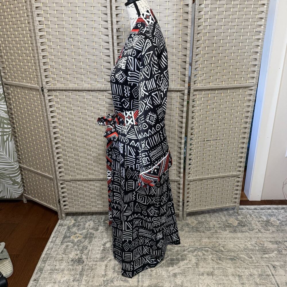 Amania Afrik Long Satin Robe Size S-L Black White Monaco African Print Pockets - Picture 3 of 11